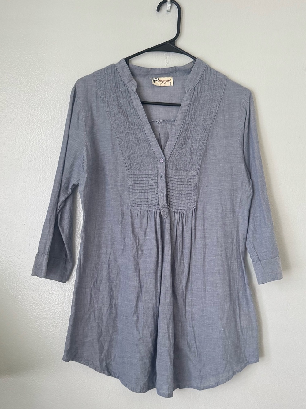 Magazine Women’s Small Blue Gray Cotton Pintuck Tunic Blouse Boho